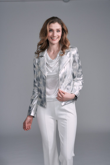 Front of the Circles Print Metallic Vegan Leather Moto Jacket style BCJ17A26CS from Insight in the color silver