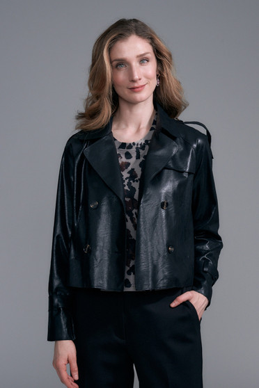 Front of the Cropped Trench Vegan Leather Jacket style BCJ0918 from Insight in the color black