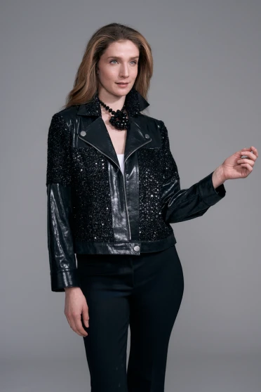 Front of the Faux Vegan Leather Sequin Moto Jacket style BCJ101C06 from Insight in the color black