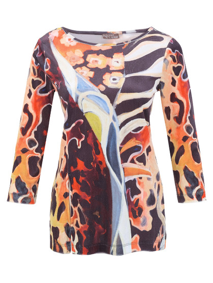 Front of the Animal Kingdom Velvet Long Sleeve Top style 76712 from Dolcezza in the multicolor print