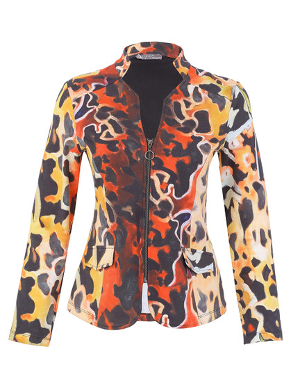Front of the Animal Kingdom Zip Moto Jacket style 76718 from Dolcezza in the multi print