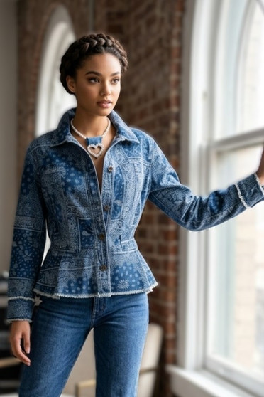 Front of the Paisley Peplum Denim Jacket style 51515 from Habitat in the indigo print