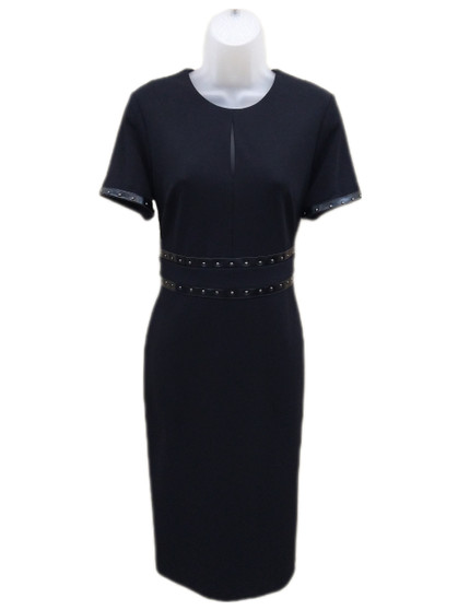 Front of the Leather Trim Dress from Joseph Ribkoff in the color black
