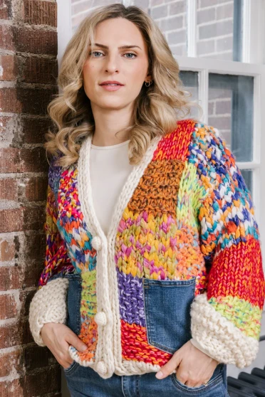 Front of the Lexi Patchwork Cardigan style 5935 from Shannon Passero in the multicolor print