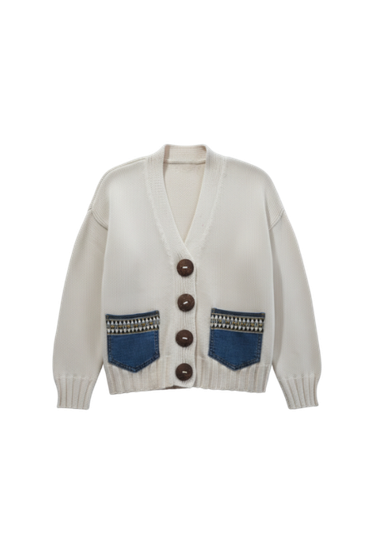 Front of the Isla Denim Pocket Cardigan style 5878 from Shannon Passero in the color creme