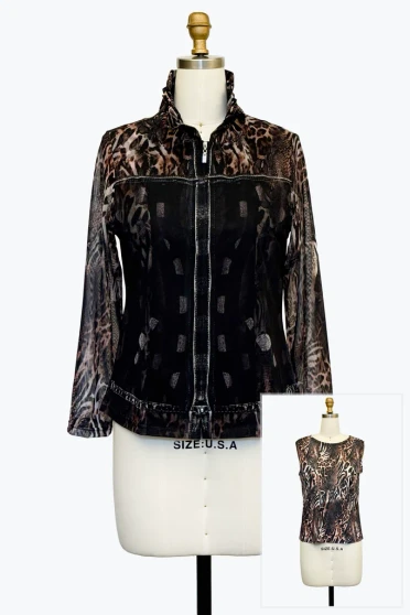 Front of the Denim Jacket Animal Print Mesh Twin Set style 31455 from Damee in the brown/multi print