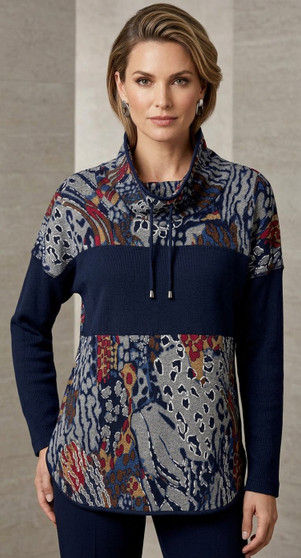 Front of the Animal Print Cowl Neck Tunic style 681-4503 from Pure Essence in the blue/multi print