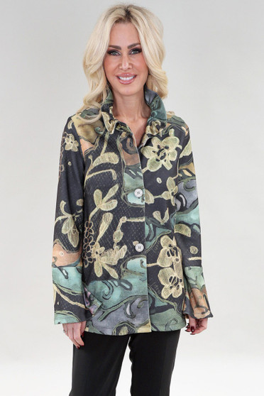 Front of the Olive Wire Collar Bell Sleeve Jacket style C36 from Michael Tyler in the multi print