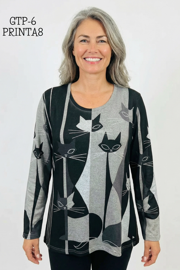 Front of the Black Cat Long Sleeve Top style GTP-6-A8 from Creation in the color black and grey