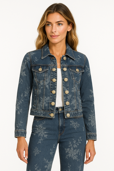 Front of the Faded Floral Embroidered Jean Jacket style 262140 from Orly in the color denim