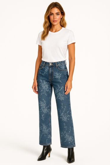 Front of the Embroidered Faded Floral Straight Leg Jeans style 262144 from Orly in the color denim