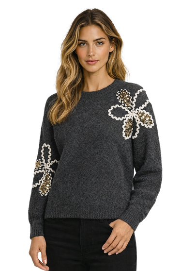 Front of the Sequins Floral Knit Sweater style 262269 from Orly in the color charcoal