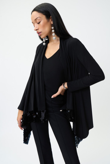 Front of the Sequins Trim Cardigan from Joseph Ribkoff in the color black