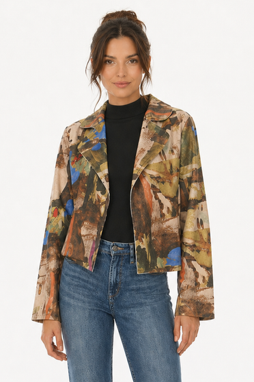 Front of the Camo Faux Suede Moto Jacket style T7047-7024 from Tango Mango in the multi print