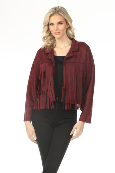 Front of the Cropped Fringe Moto Jacket style T7044-73SS from Tango Mango in the color burgundy