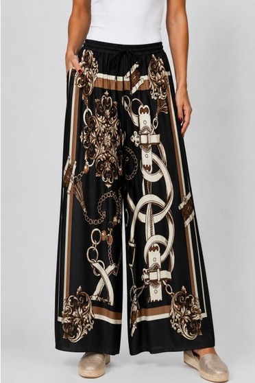 Front of the Belt and Chain Detailed Satin Pant style 64073 from Look Mode in the color black