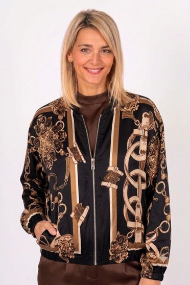 Front of the Belt and Chain Detailed Satin Jacket style 6808 from Look Mode in the color black