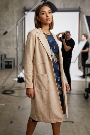 Front of the Long Faux Suede Jacket style T7048-10SS from Tango Mango in the color tan