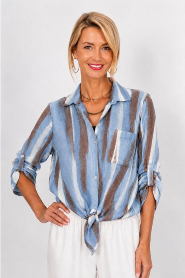 Front of the Wavy Strips Tie Front Shirt style 8597WS from Look Mode in the color blue
