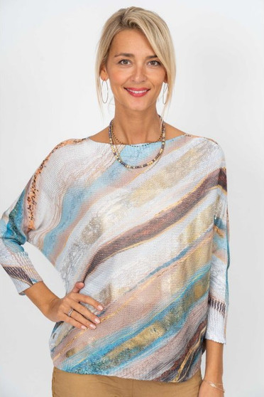Front of the Multicolor Abstract Wave Print Sweater style 9013 from Look Mode in the color blue