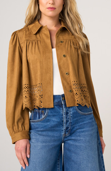 Front of the Puff Sleeve Laser Cut-Out Hem Jacket style LM1D04TL96 from Liverpool in the color caramel
