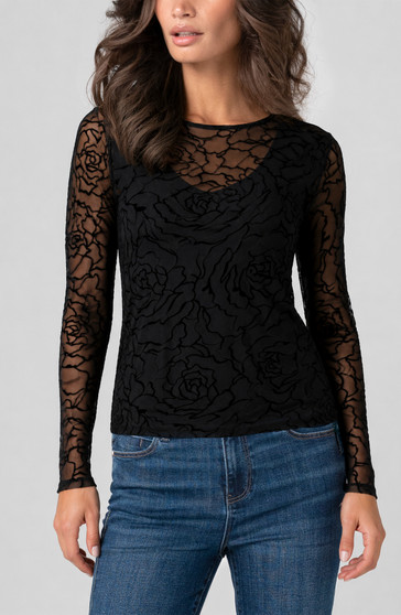 Front of the Rose Print Long Sleeve Layered Top style LM8L80KB49 from Liverpool Jeans in the color black