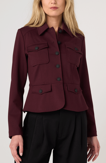 Front of the Peplum Military Jacket style LM1D05M42 from Liverpool Jeans in the color dark oxblood