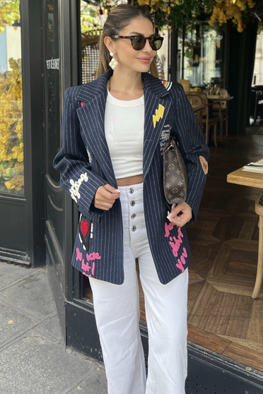 Front of the Funky Patches Pinstripe Boyfriend Blazer style FUNKY from Maxmila Paris in the color charcoal