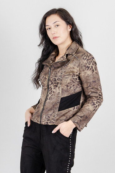 Front of the Mixed Media Animal Print Moto Jacket style FC262107 from Fashion Concepts in the colors brown and black