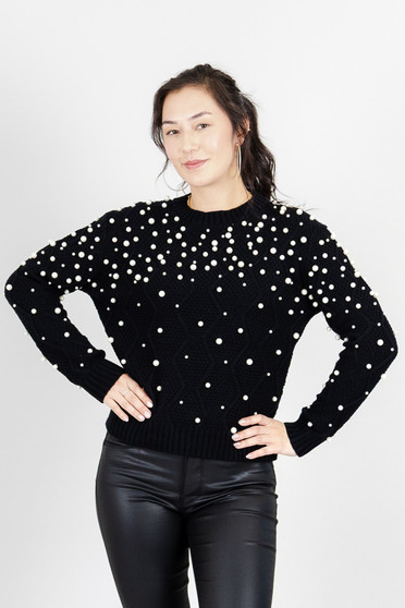 Front of the Pearl Embellished Cable Knit Sweater style 262227 from Funsport in the color pearl & black