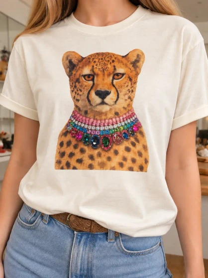 Front of the Jeweled Collar Leopard Graphic Tee from Bling A Go Go in the color white