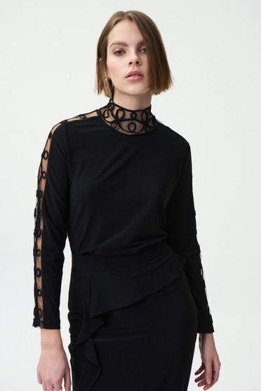 Model showing the front of the Lace Exposed Sleeve Top from Joseph Ribkoff in the color black