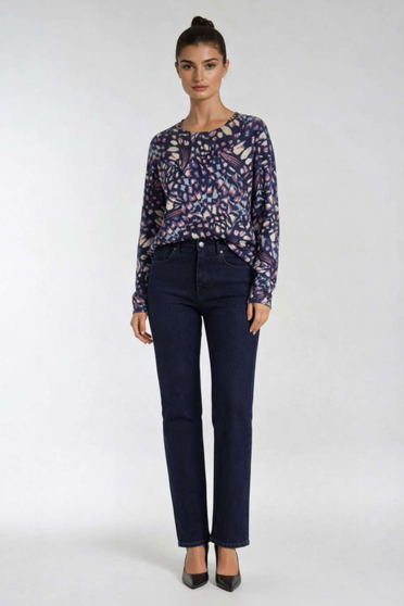 Front of the Purple Print Crew Neck Sweater style SW063 from Carreli Jeans in the multi print