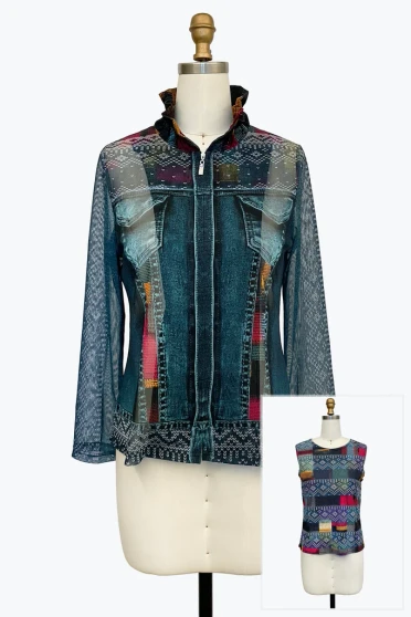Front of the Flower Garden Denim Mesh Twin Set style 31456 from Damee in the blue/multi print