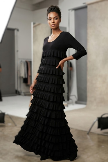 Front of the Solid Maxi Cha Cha Dress style DR760LM-99ITY from Tango Mango in the color black