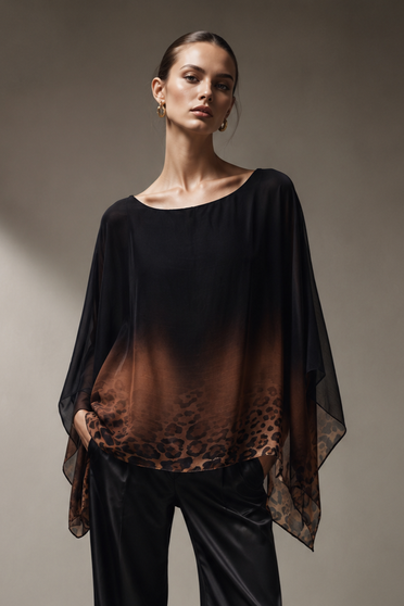 Front of the Ombre Animal Print Silk Top style 1688DCH from Look Mode in the color black