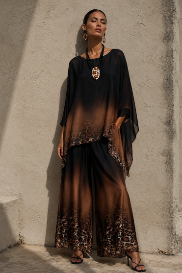 Front of the Ombre Animal Print Silk Pants style 9992DCH from Look Mode in the color black