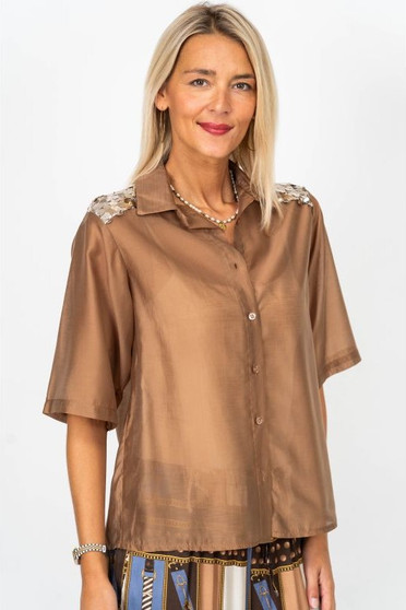 Front of the Sequins Shoulder Button-Up Blouse style 19672 from Look Mode in the color light brown