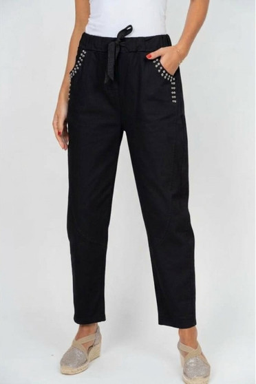 Front of the Studded Pocket Pants style 22219 from Look Mode in the color black