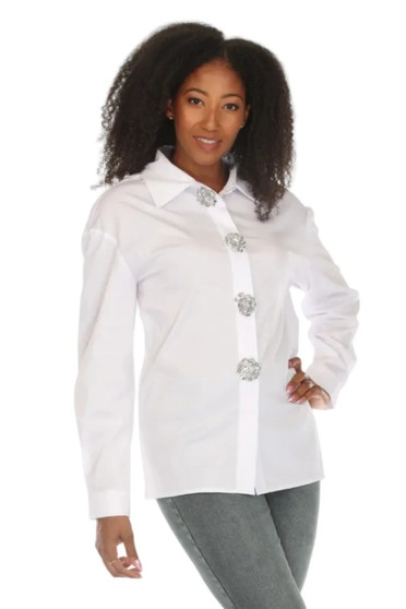 Front of the Crystal Button Blouse style Z13641 from AZI Jeans in the color white