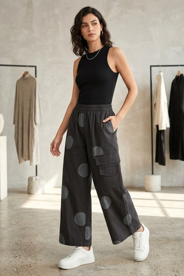 Front of the Polka-Dot Cargo Pants style 69161 from Vanite Couture in the black/grey print