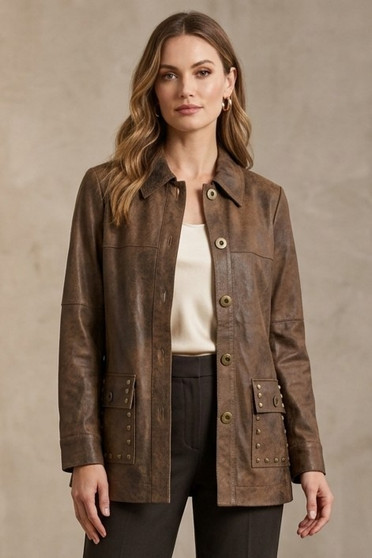 Front of the Long Vegan Leather Studded Pocket Jacket style BCJ89A17 from Insight in the color bone
