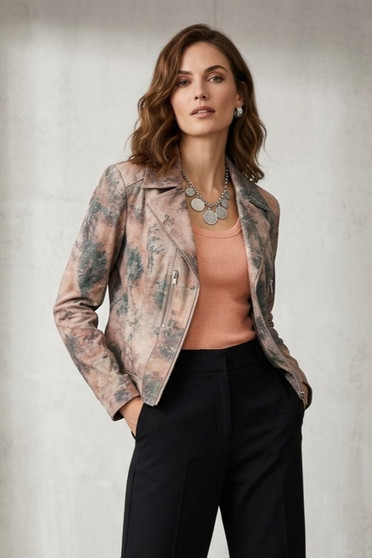 Front of the Ombre Vegan Leather Jacket style BCJ17681MPRF from Insight in the liquid earth print