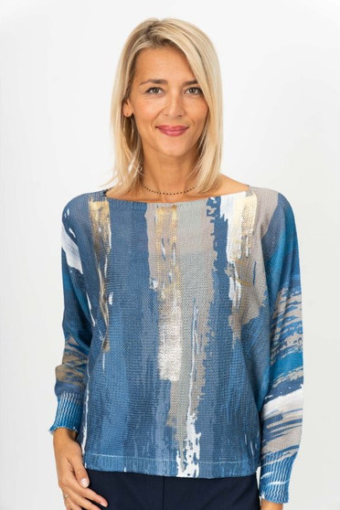 Front of the Gold Detailed Batwing Sweater style 0620 from Look Mode in the color navy