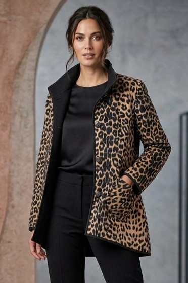 Front of the Cheetah Print Reversible Rain Jacket style 84-2251 from I-Reversibles on the cheetah print side
