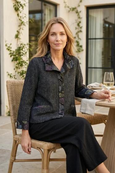 Front of the Crinkle Crepe Scattered Leaves Luna Jacket style 21048 from Habitat in the color black