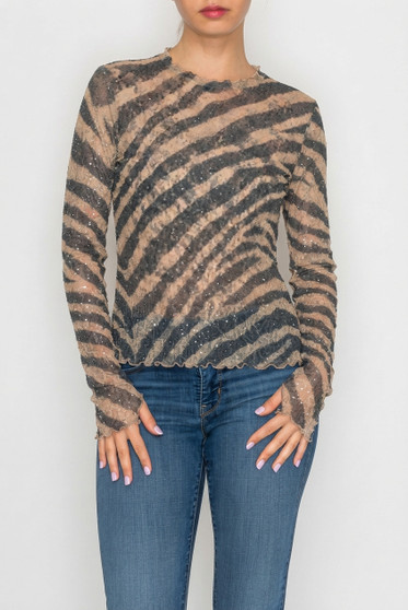 Front of the Sparkly Sheer Lace Long Sleeve Top style 4982TP from Origami in the mocha zebra print