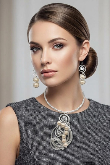 Front of the Faux Pearl Silver Twist Wire Necklace SKU 31915 from Jeff Lieb