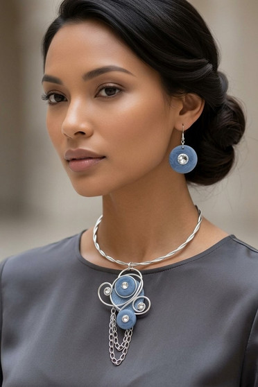 Front of the Blue & Silver Chain Twist Wire Necklace SKU 31930 from Jeff Lieb