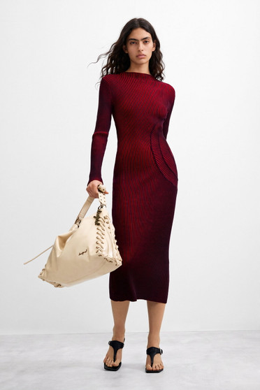 Front of the Shimmery Knit Midi Dress style 26WWVF03 from Desigual in the color dark red
